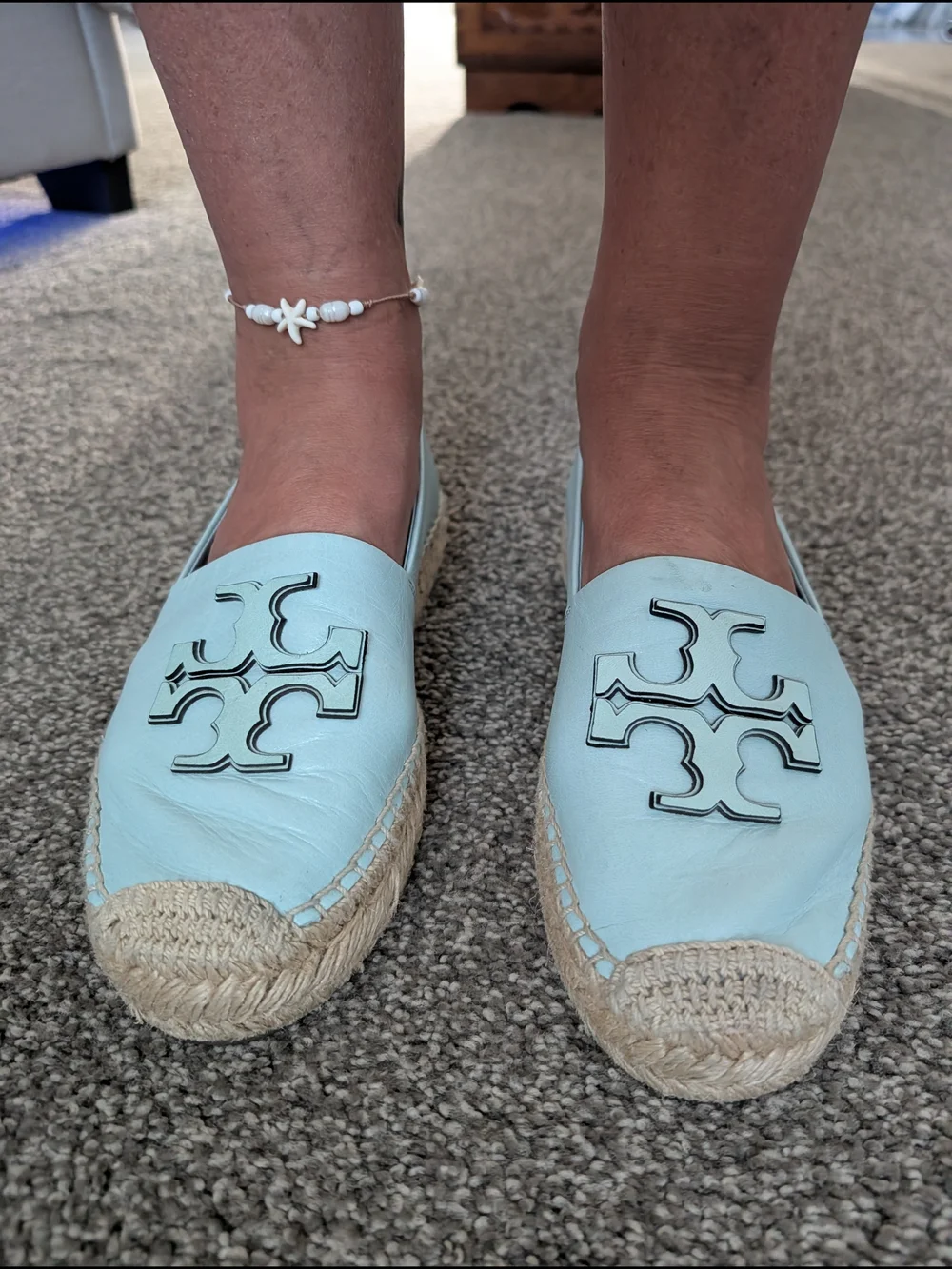 Tory Burch Pale Mint Leather Espadrille Flats with Logo